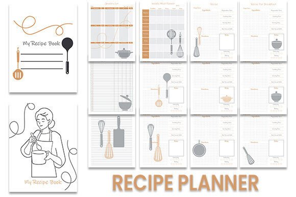 Recipe Books Planner, Cooking Journal Graphics for Kdp Interiors