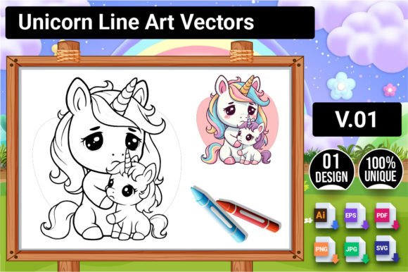 Unicorn Line Art Vectors Illustration 01: Graphics for Kdp Interiors